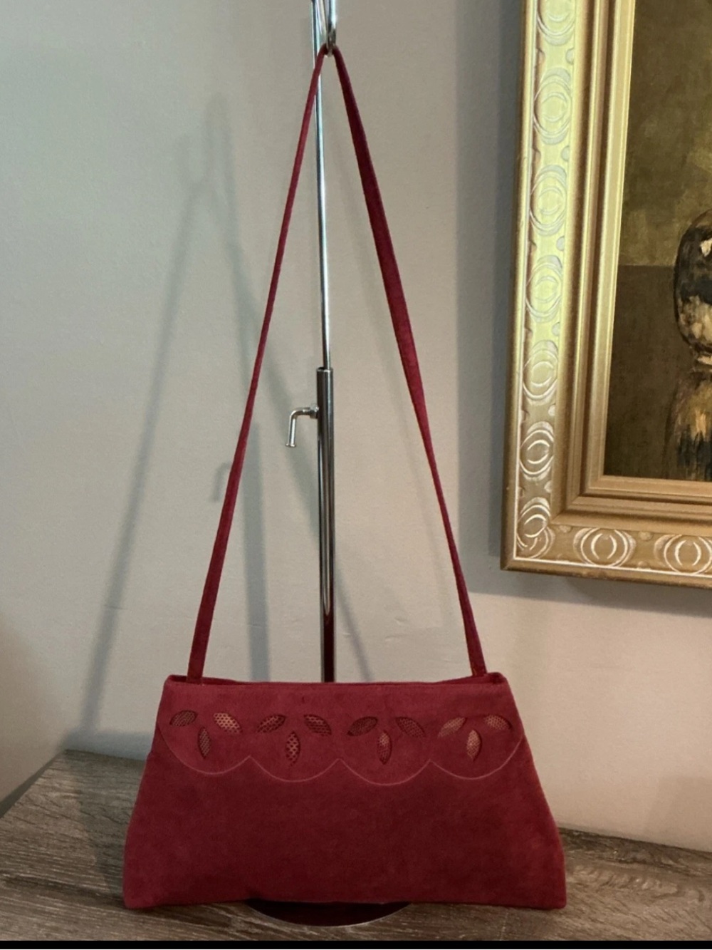 REVA Burgundy Ultra Suede Shoulder Bag Cutout Design Vintage EUC 12x7